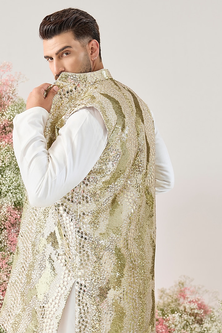 White-Gold Georgette Sequined Long Open Jacket by Kasbah Clothing at Pernia's Pop Up Shop