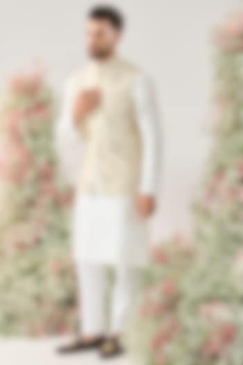 Golden Tissue Floral Embroidered Bundi Jacke by Kasbah Clothing at Pernia's Pop Up Shop