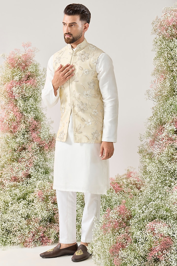 Golden Tissue Floral Embroidered Bundi Jacke by Kasbah Clothing at Pernia's Pop Up Shop