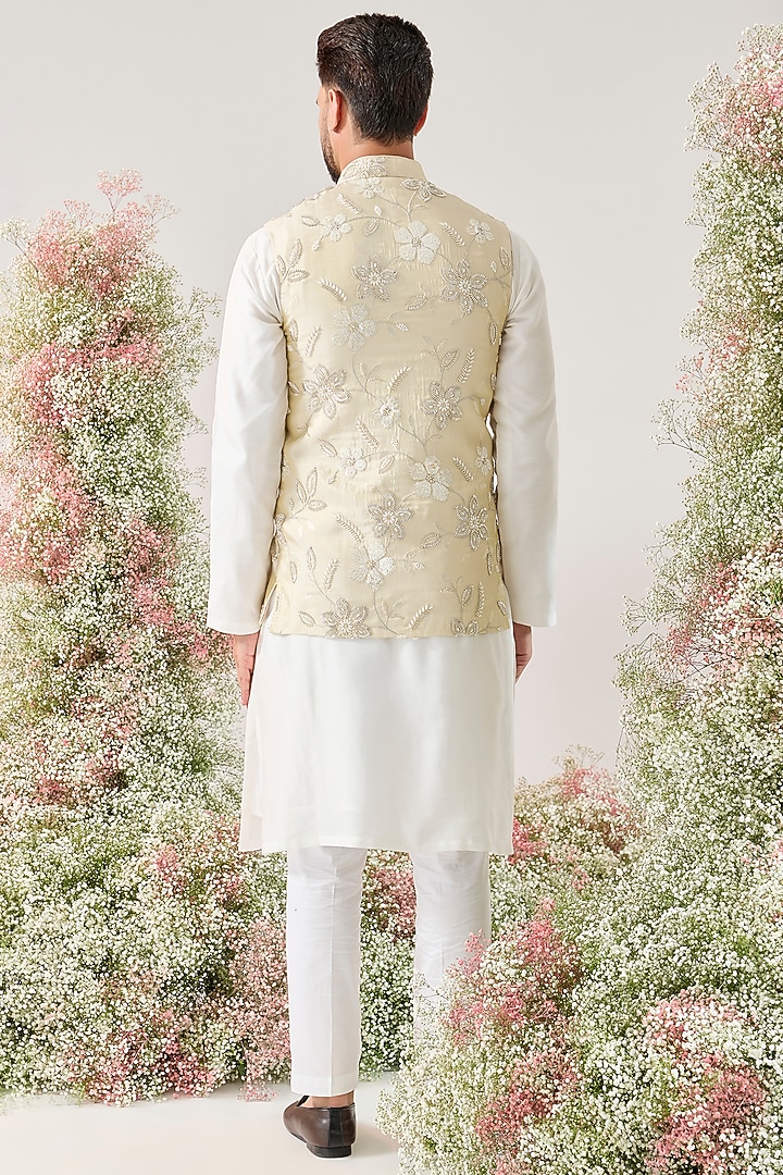 Golden Tissue Floral Embroidered Bundi Jacke by Kasbah Clothing at Pernia's Pop Up Shop