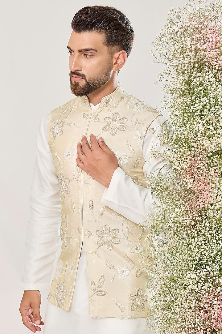 Golden Tissue Floral Embroidered Bundi Jacke by Kasbah Clothing at Pernia's Pop Up Shop
