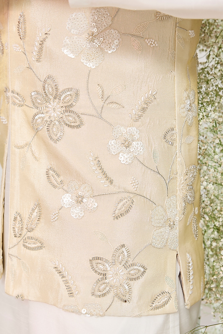 Golden Tissue Floral Embroidered Bundi Jacke by Kasbah Clothing at Pernia's Pop Up Shop