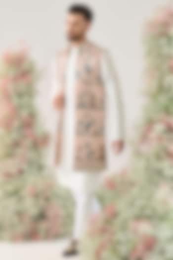 Pink Georgette Sequined Long Open Jacket by Kasbah Clothing