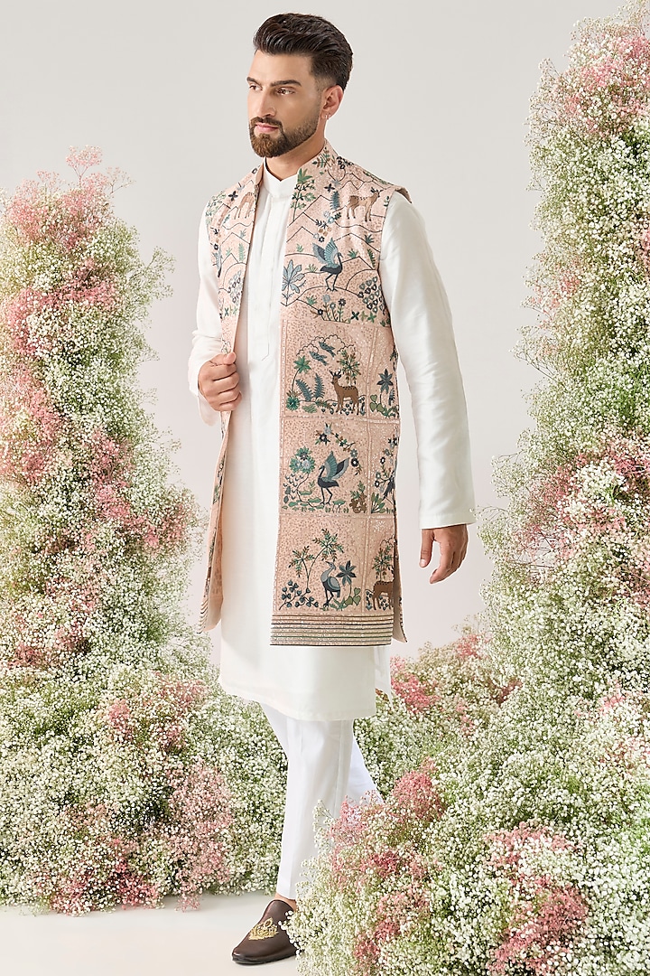 Pink Georgette Sequined Long Open Jacket by Kasbah Clothing
