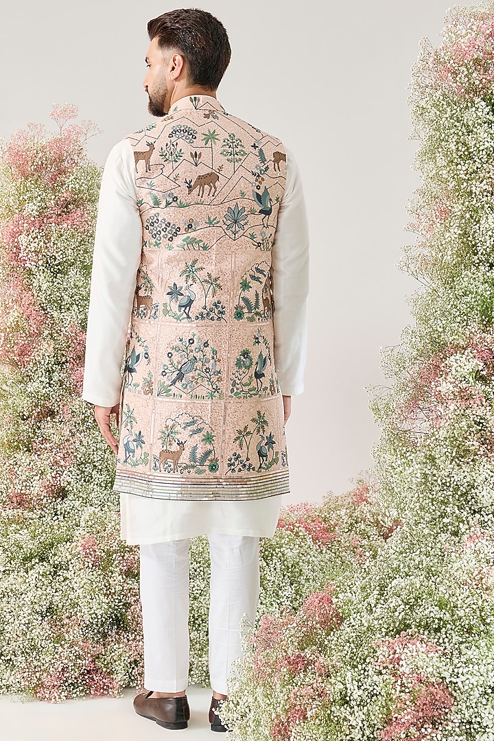 Pink Georgette Sequined Long Open Jacket by Kasbah Clothing at Pernia's Pop Up Shop