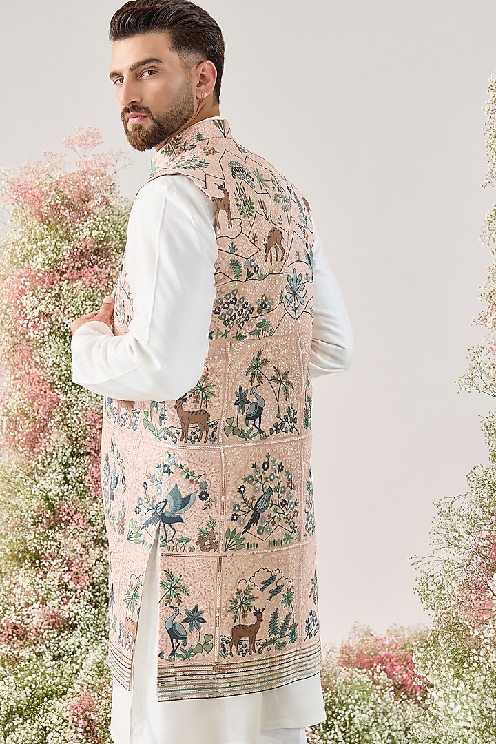 Pink Georgette Sequined Long Open Jacket by Kasbah Clothing at Pernia's Pop Up Shop