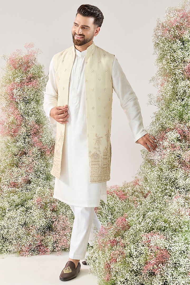 Gold Tissue Cutdana Embroidered Long Open Jacket by Kasbah Clothing