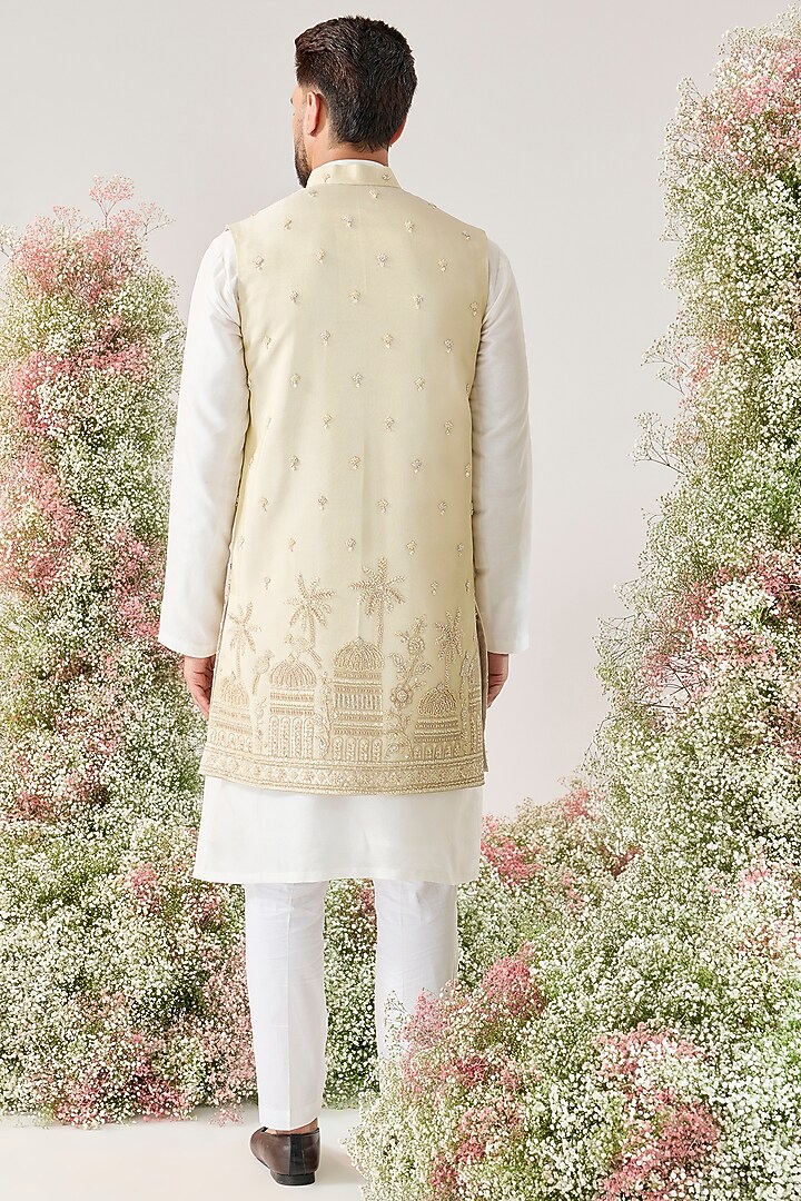 Gold Tissue Cutdana Embroidered Long Open Jacket by Kasbah Clothing at Pernia's Pop Up Shop