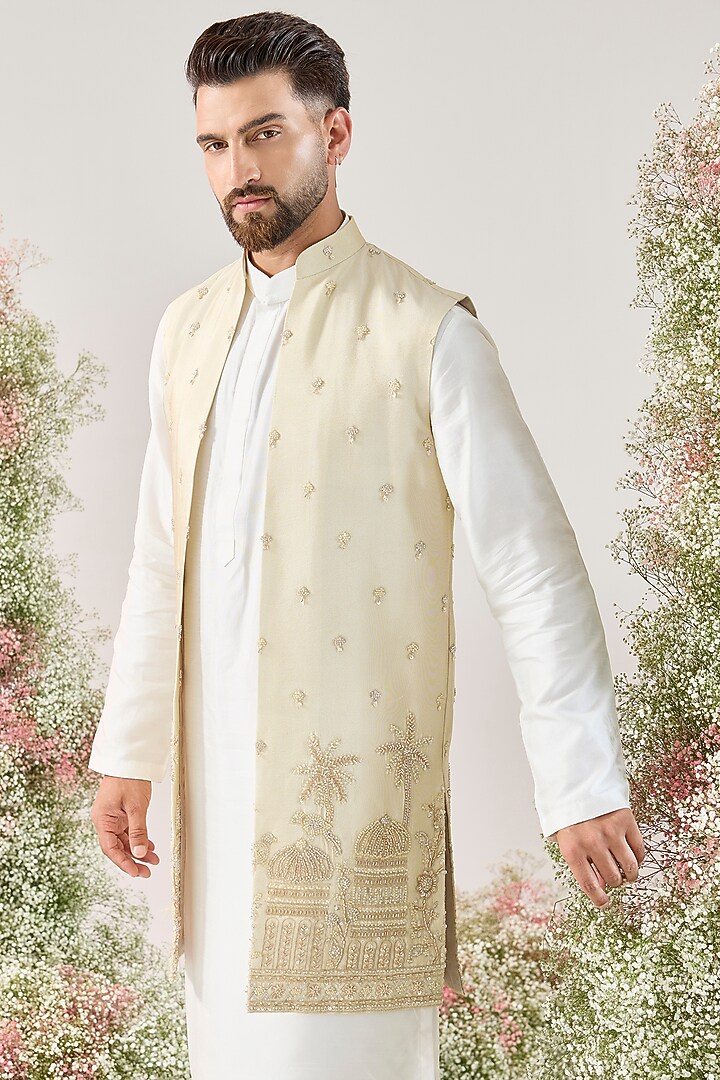 Gold Tissue Cutdana Embroidered Long Open Jacket by Kasbah Clothing at Pernia's Pop Up Shop