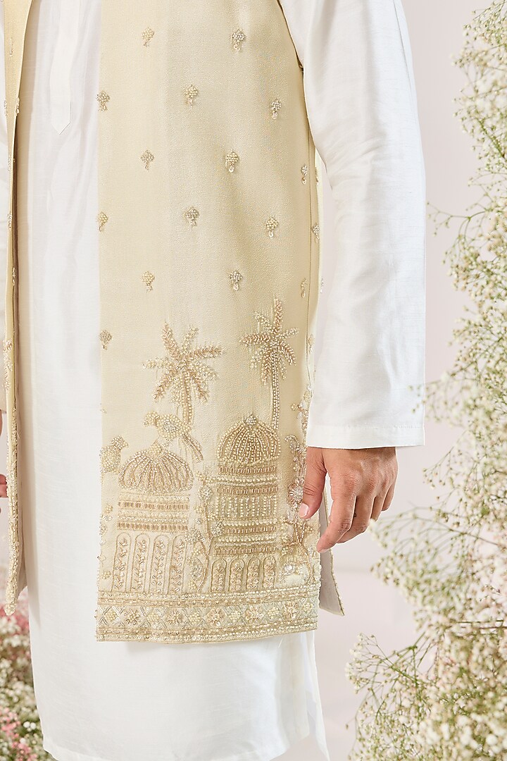 Gold Tissue Cutdana Embroidered Long Open Jacket by Kasbah Clothing at Pernia's Pop Up Shop