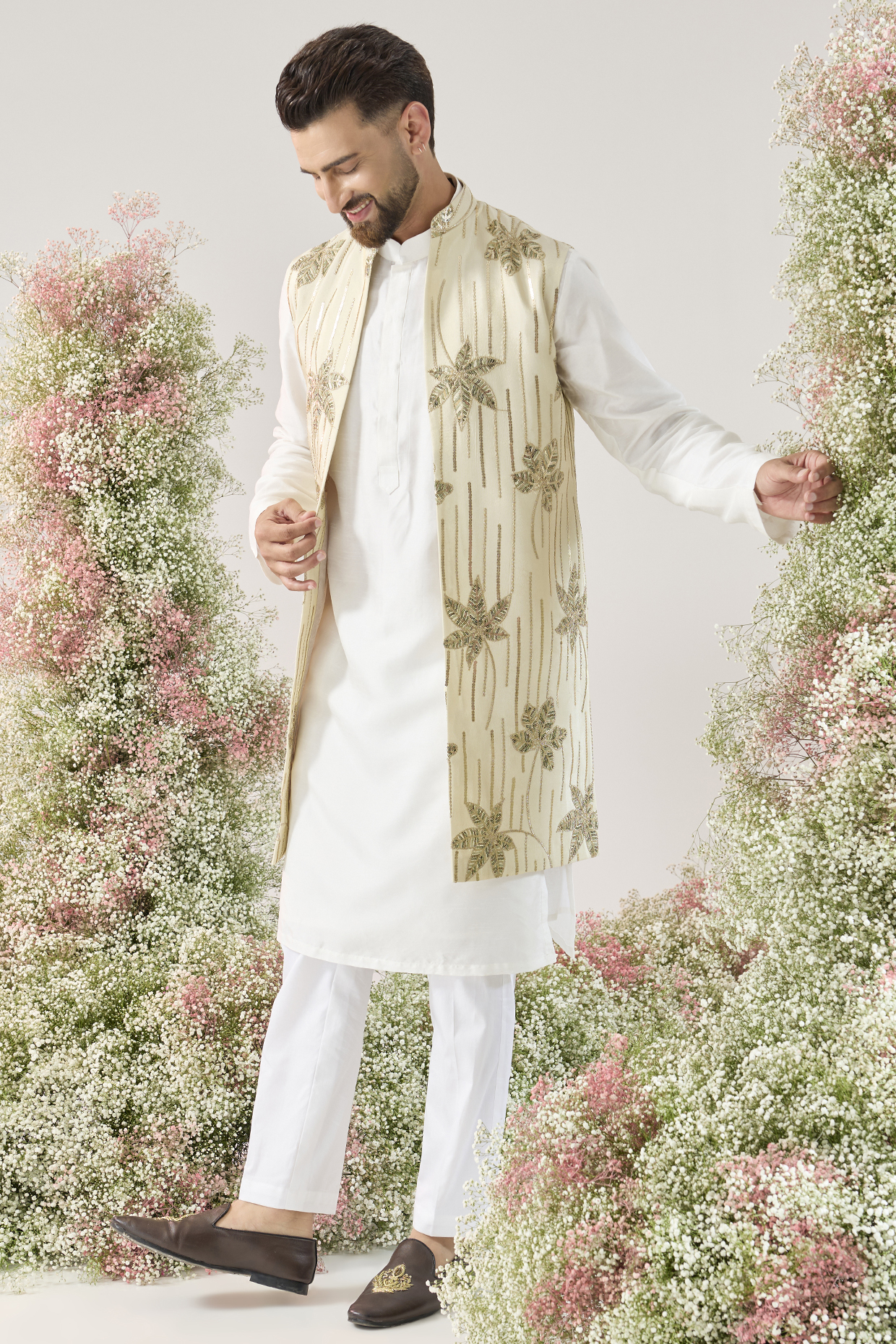 Gold Tissue Floral Embroidered Long Open Jacket by Kasbah Clothing