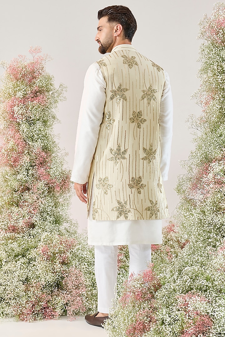 Gold Tissue Floral Embroidered Long Open Jacket by Kasbah Clothing at Pernia's Pop Up Shop