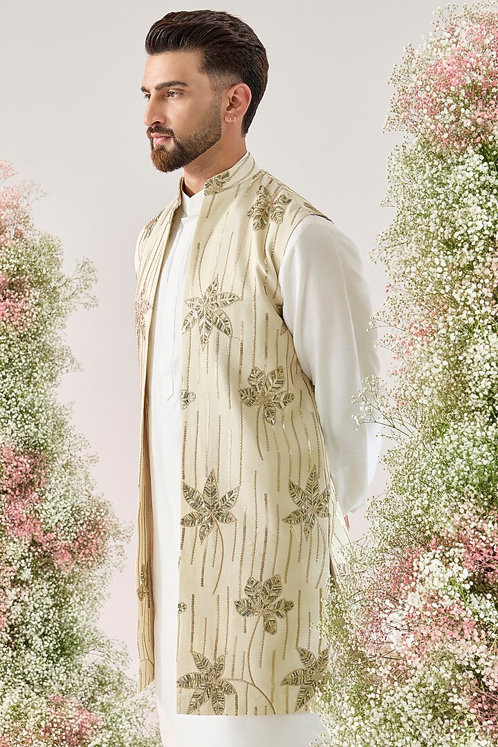Gold Tissue Floral Embroidered Long Open Jacket by Kasbah Clothing at Pernia's Pop Up Shop