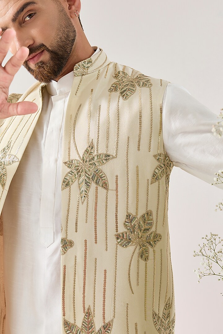 Gold Tissue Floral Embroidered Long Open Jacket by Kasbah Clothing at Pernia's Pop Up Shop