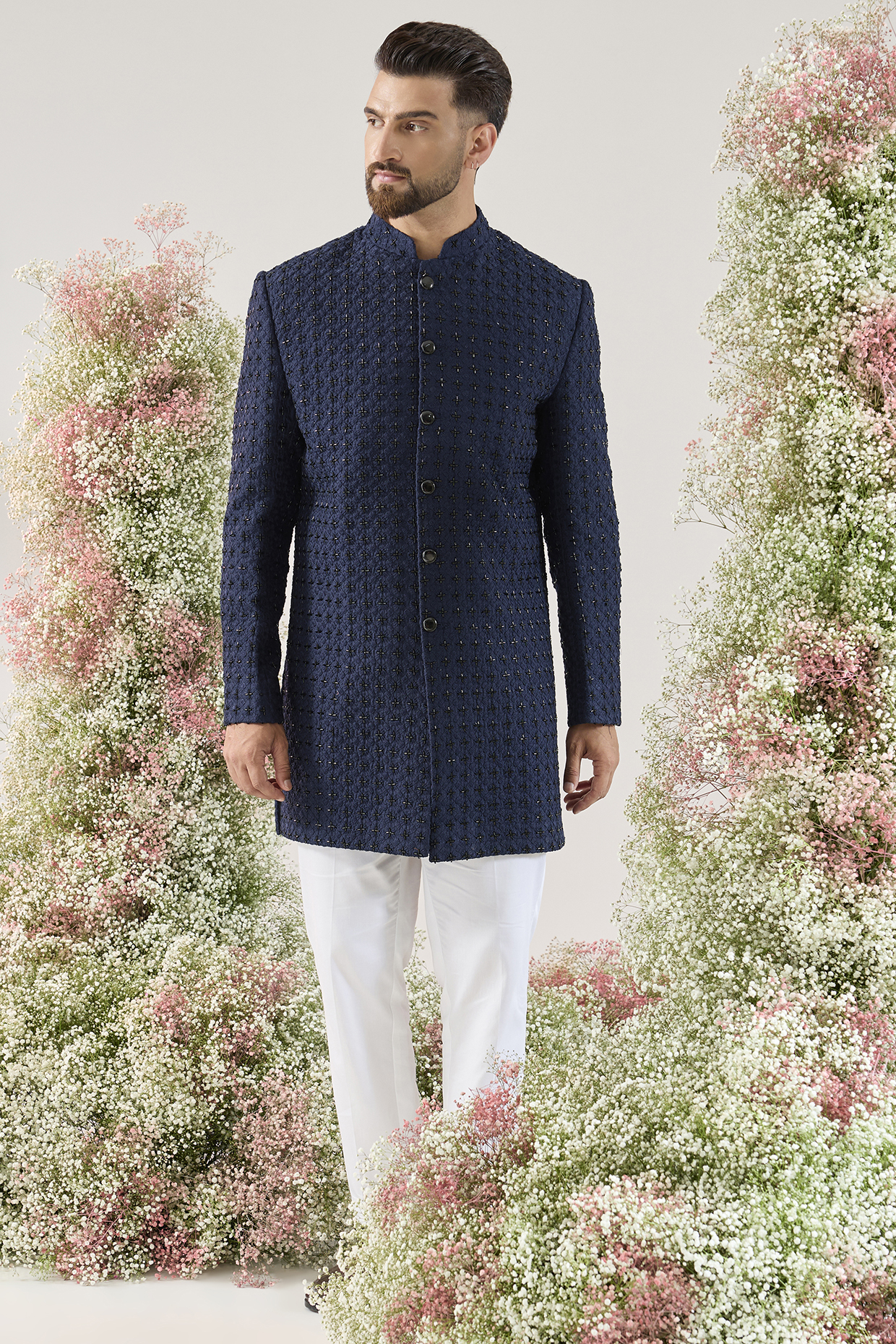 Blue Silk Hand Embroidered Short Indowestern by Kasbah Clothing