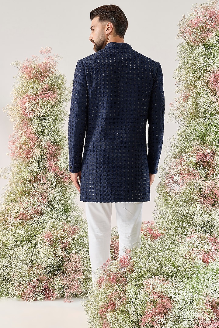 Blue Silk Hand Embroidered Short Indowestern by Kasbah Clothing at Pernia's Pop Up Shop