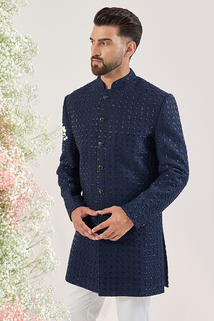 Blue Silk Hand Embroidered Short Indowestern by Kasbah Clothing at Pernia's Pop Up Shop