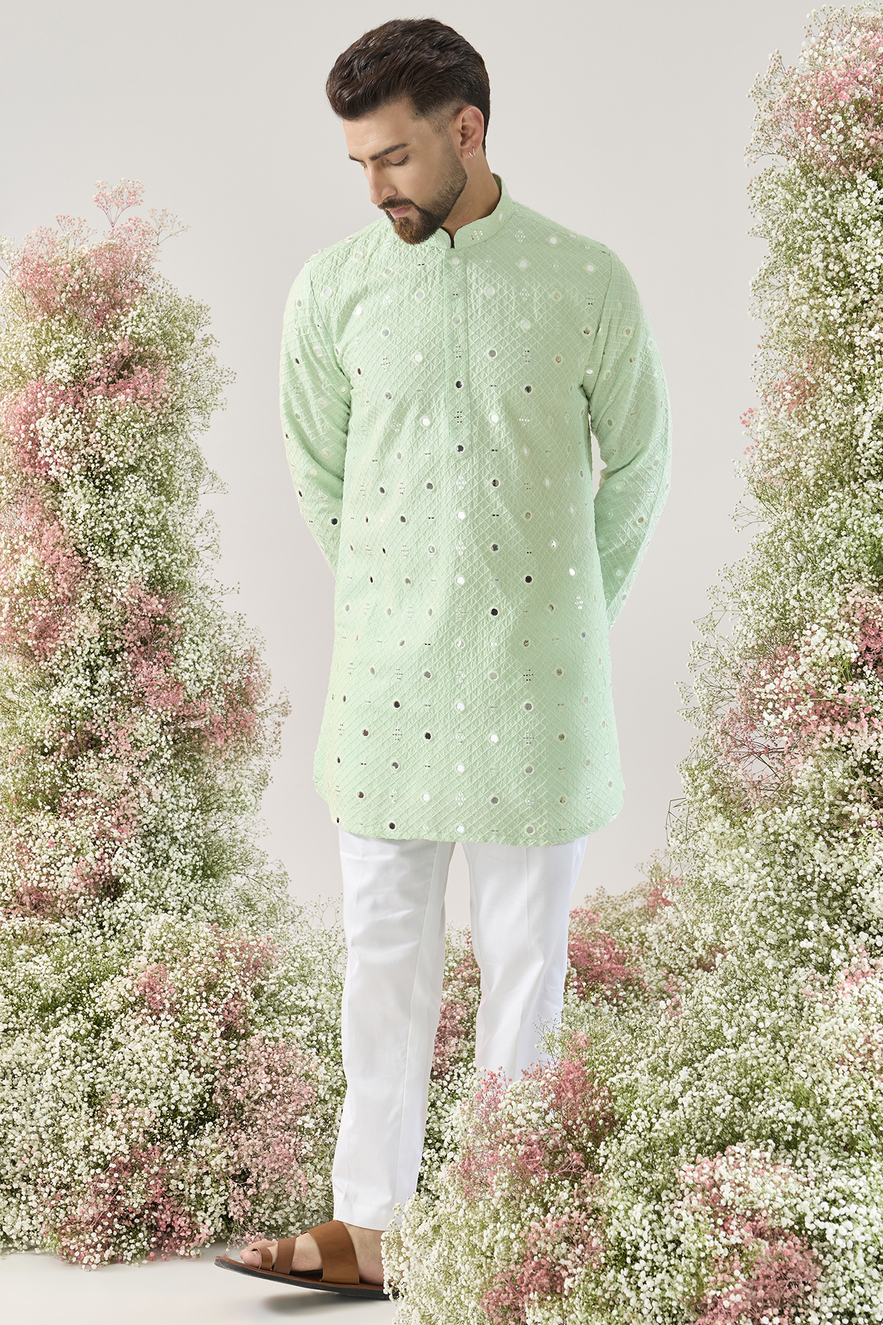 Green Silk Mirror Work Short Kurta by Kasbah Clothing