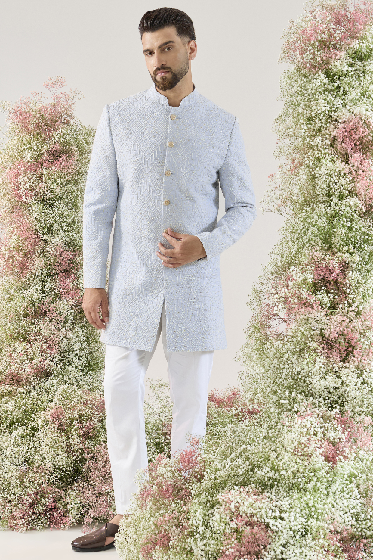 Powder Blue Silk Embroidered Short Indowestern by Kasbah Clothing
