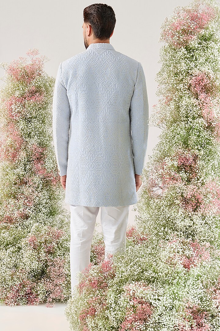Powder Blue Silk Embroidered Short Wedding Indowestern by Kasbah Clothing at Pernia's Pop Up Shop