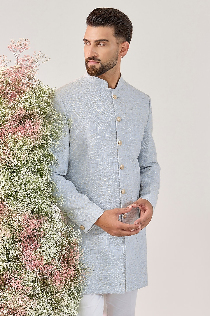 Powder Blue Silk Embroidered Short Wedding Indowestern by Kasbah Clothing at Pernia's Pop Up Shop
