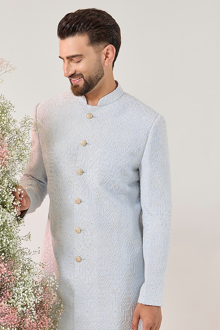Powder Blue Silk Embroidered Short Wedding Indowestern by Kasbah Clothing at Pernia's Pop Up Shop