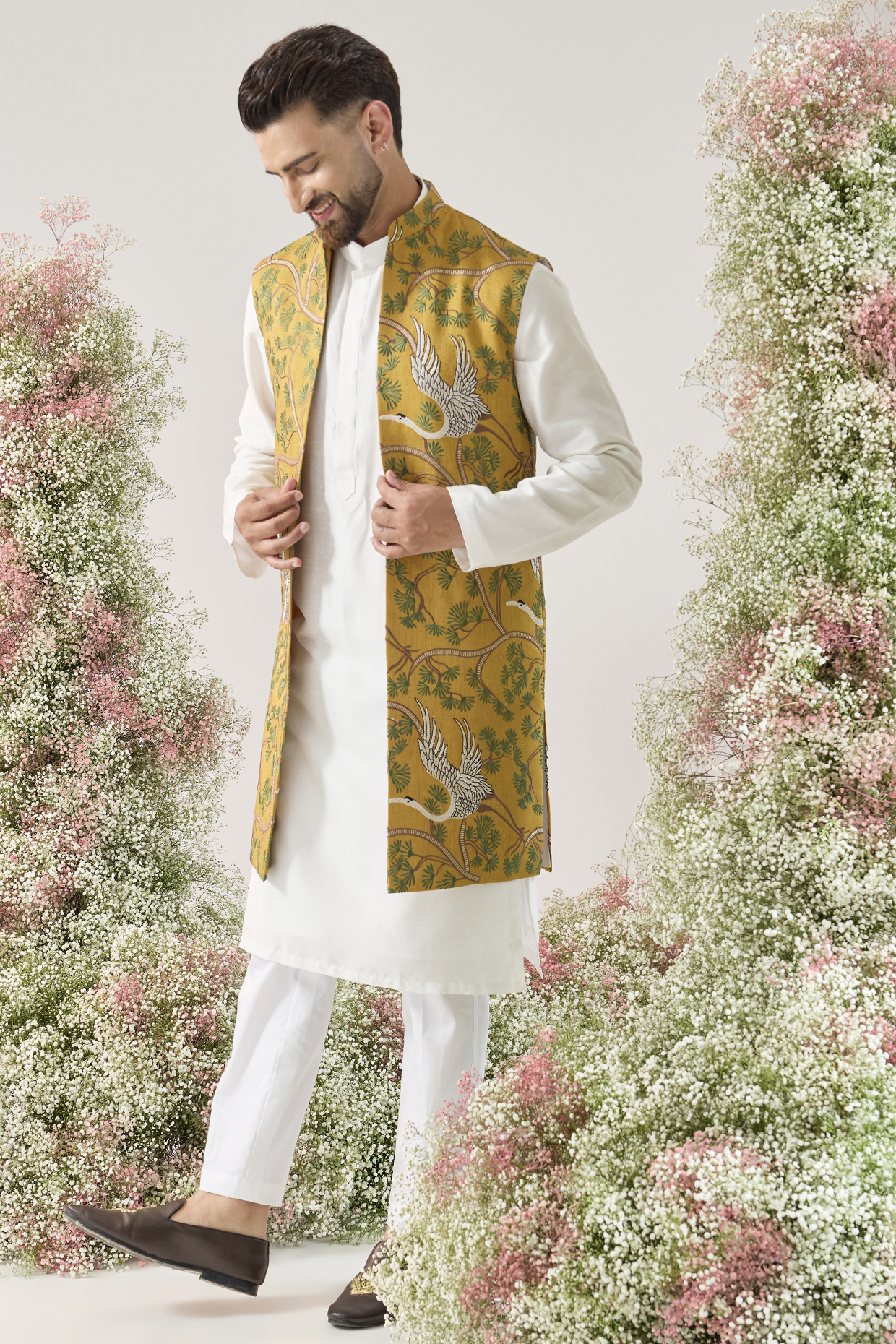 Mustard Yellow Silk Long Open Jacket by Kasbah Clothing