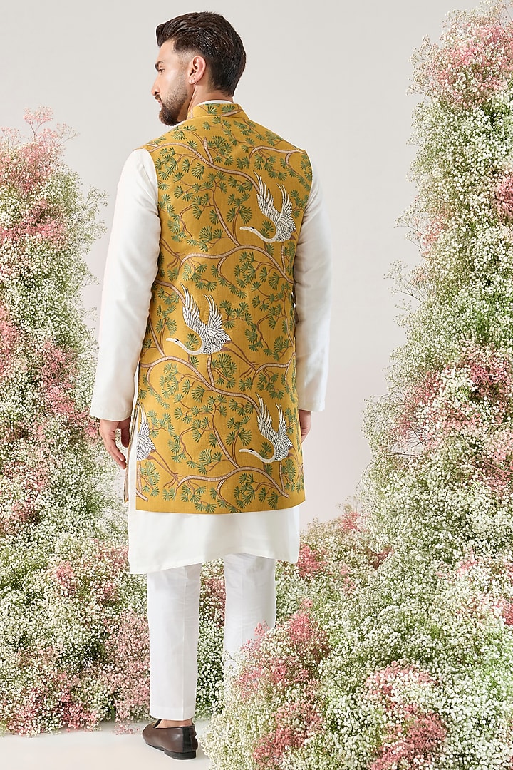 Mustard Yellow Silk Long Open Jacket by Kasbah Clothing at Pernia's Pop Up Shop