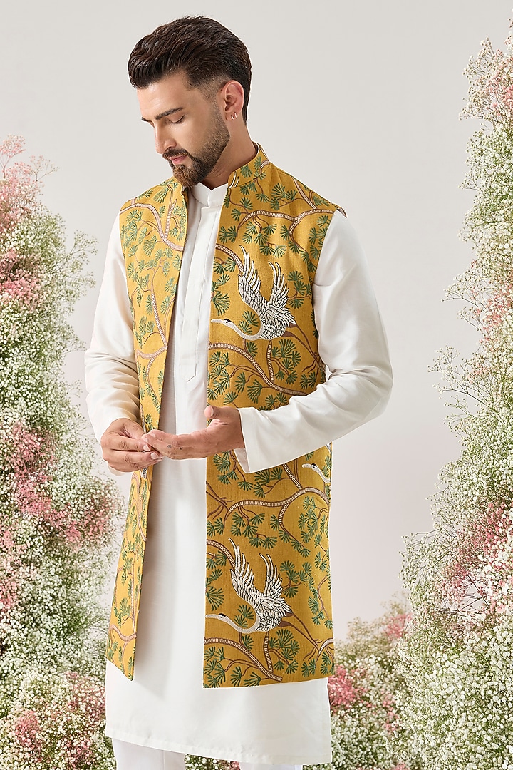 Mustard Yellow Silk Long Open Jacket by Kasbah Clothing at Pernia's Pop Up Shop