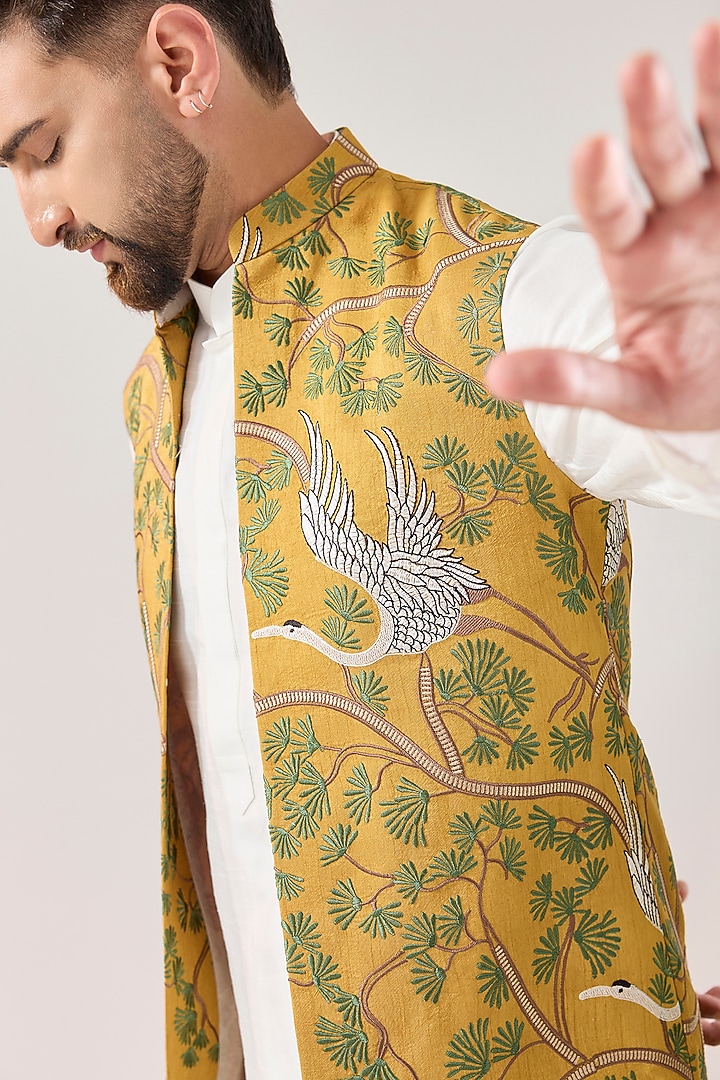Mustard Yellow Silk Long Open Jacket by Kasbah Clothing at Pernia's Pop Up Shop