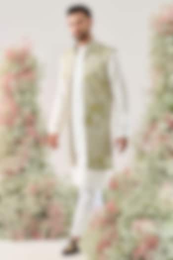 Green Silk Threadwork Long Open Jacket by Kasbah Clothing at Pernia's Pop Up Shop