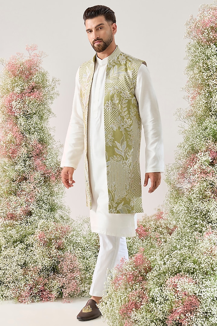 Green Silk Threadwork Long Open Jacket by Kasbah Clothing at Pernia's Pop Up Shop