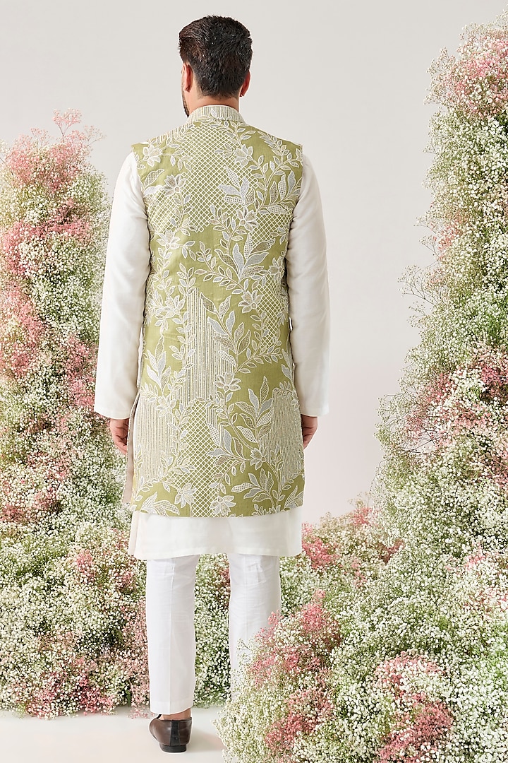 Green Silk Threadwork Long Open Jacket by Kasbah Clothing at Pernia's Pop Up Shop