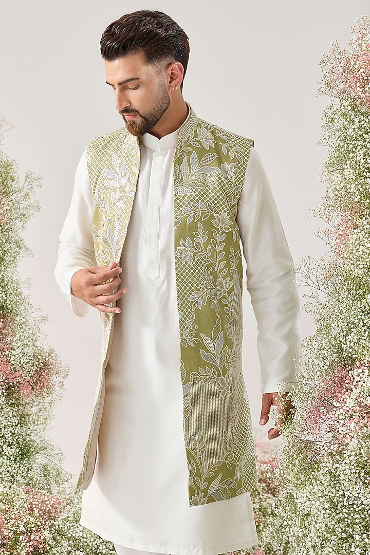 Green Silk Threadwork Long Open Jacket by Kasbah Clothing at Pernia's Pop Up Shop