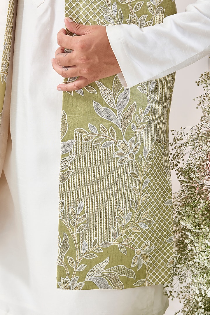 Green Silk Threadwork Long Open Jacket by Kasbah Clothing at Pernia's Pop Up Shop