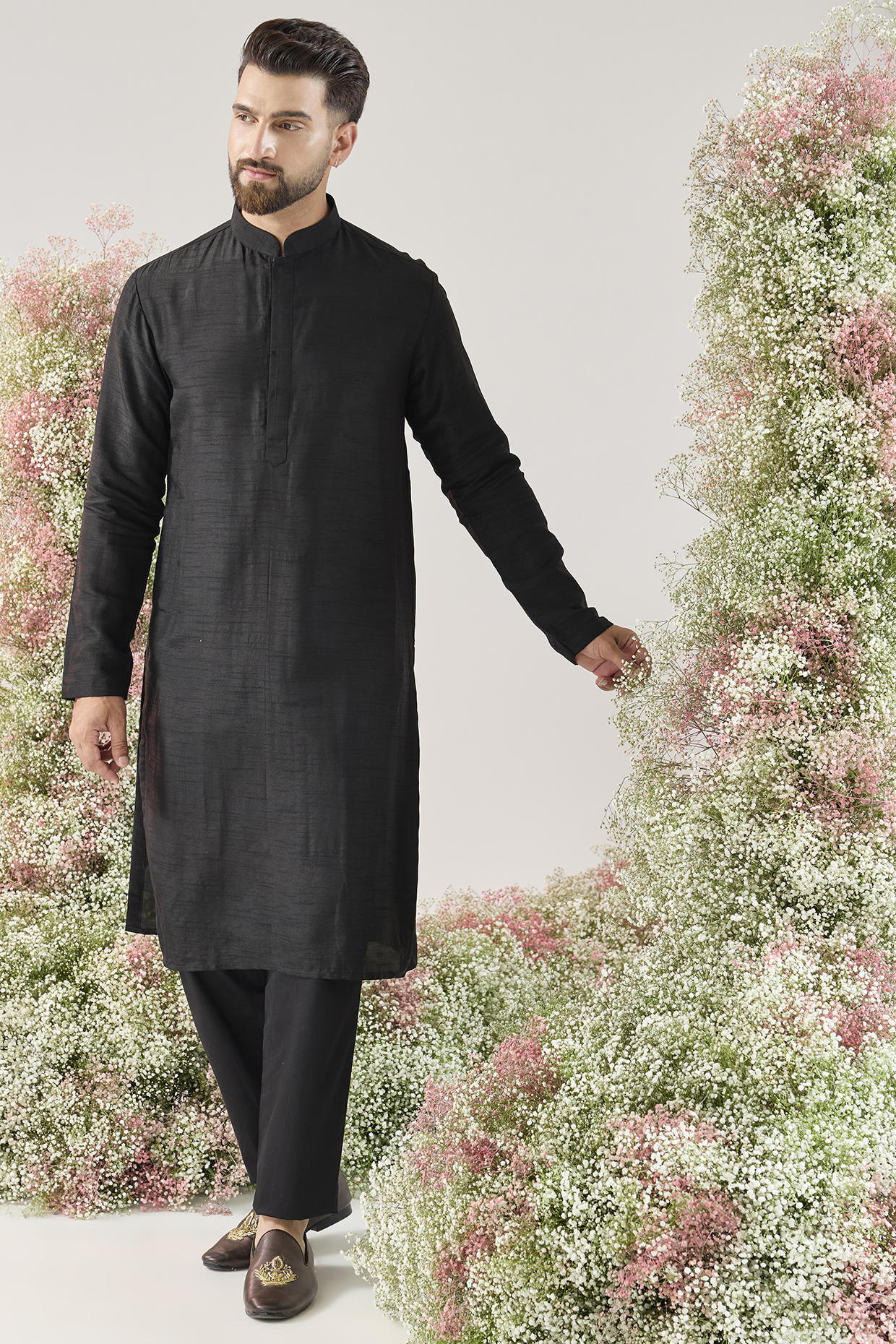 Black Dupion Silk Kurta Set by Kasbah Clothing