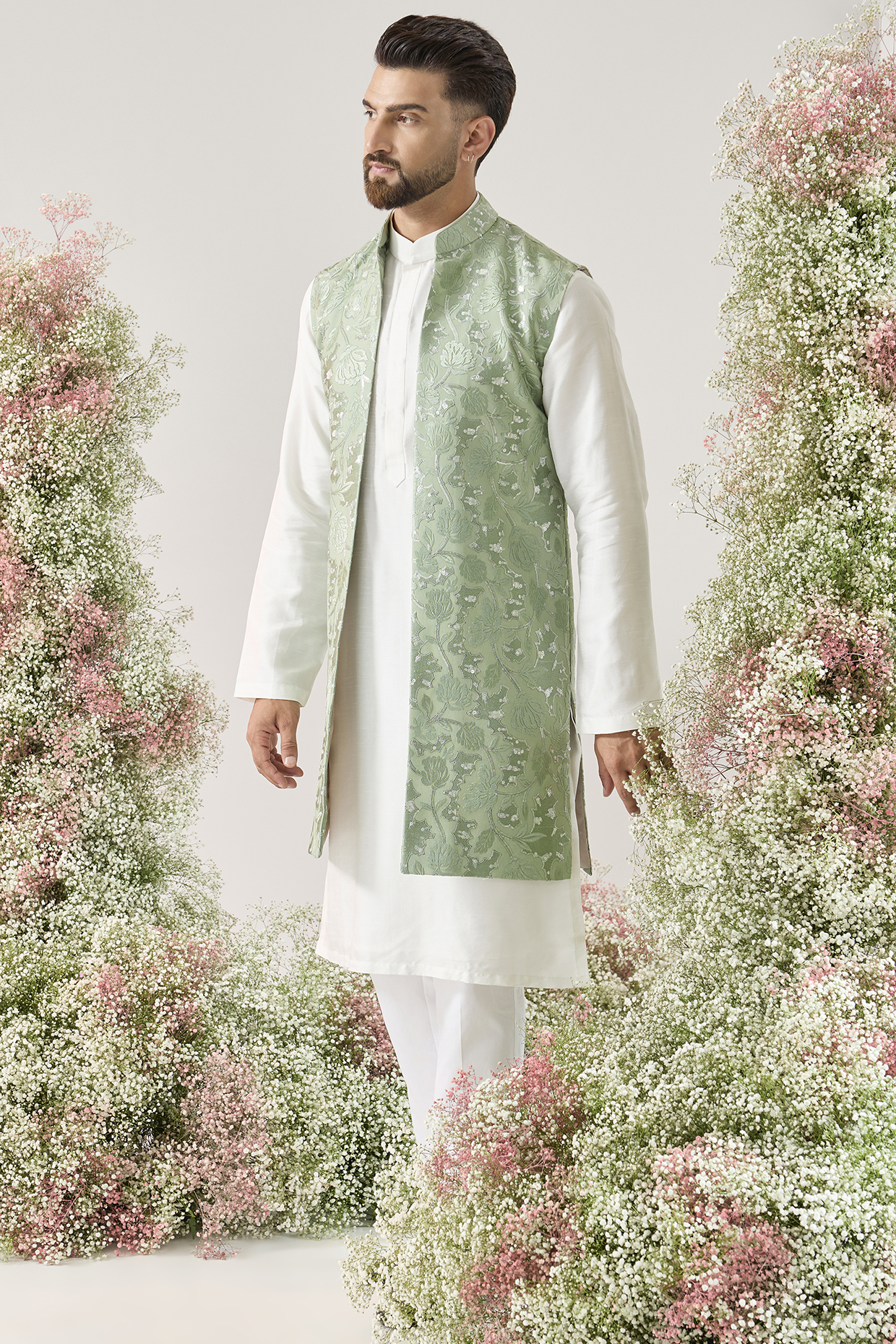 Green Georgette Floral Pattern Long Open Jacket by Kasbah Clothing