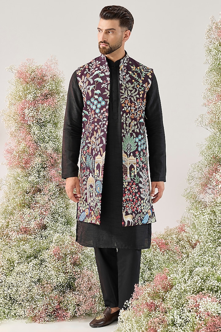 Wine Silk Long Open Jacket by Kasbah Clothing at Pernia's Pop Up Shop
