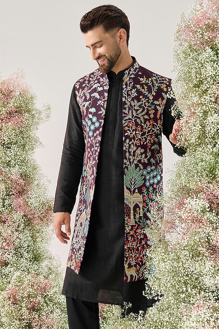 Wine Silk Long Open Jacket by Kasbah Clothing at Pernia's Pop Up Shop