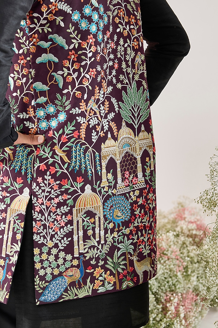 Wine Silk Long Open Jacket by Kasbah Clothing at Pernia's Pop Up Shop