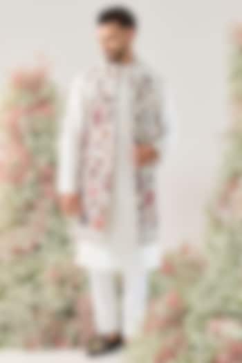 White Georgette Floral Embroidered Long Open Jacket by Kasbah Clothing at Pernia's Pop Up Shop