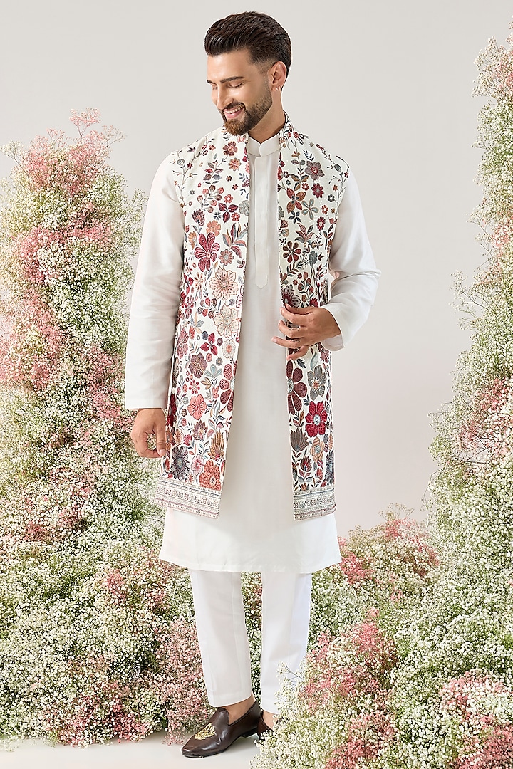 White Georgette Floral Embroidered Long Open Jacket by Kasbah Clothing at Pernia's Pop Up Shop