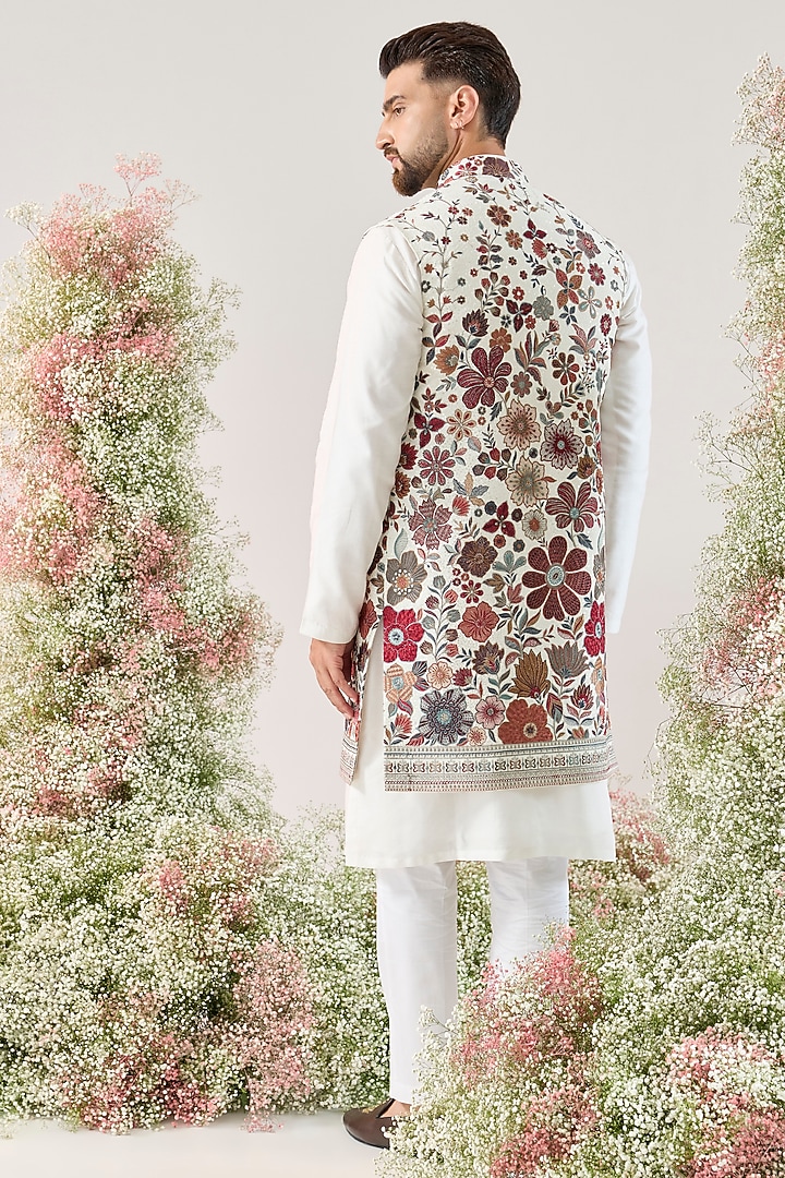 White Georgette Floral Embroidered Long Open Jacket by Kasbah Clothing at Pernia's Pop Up Shop