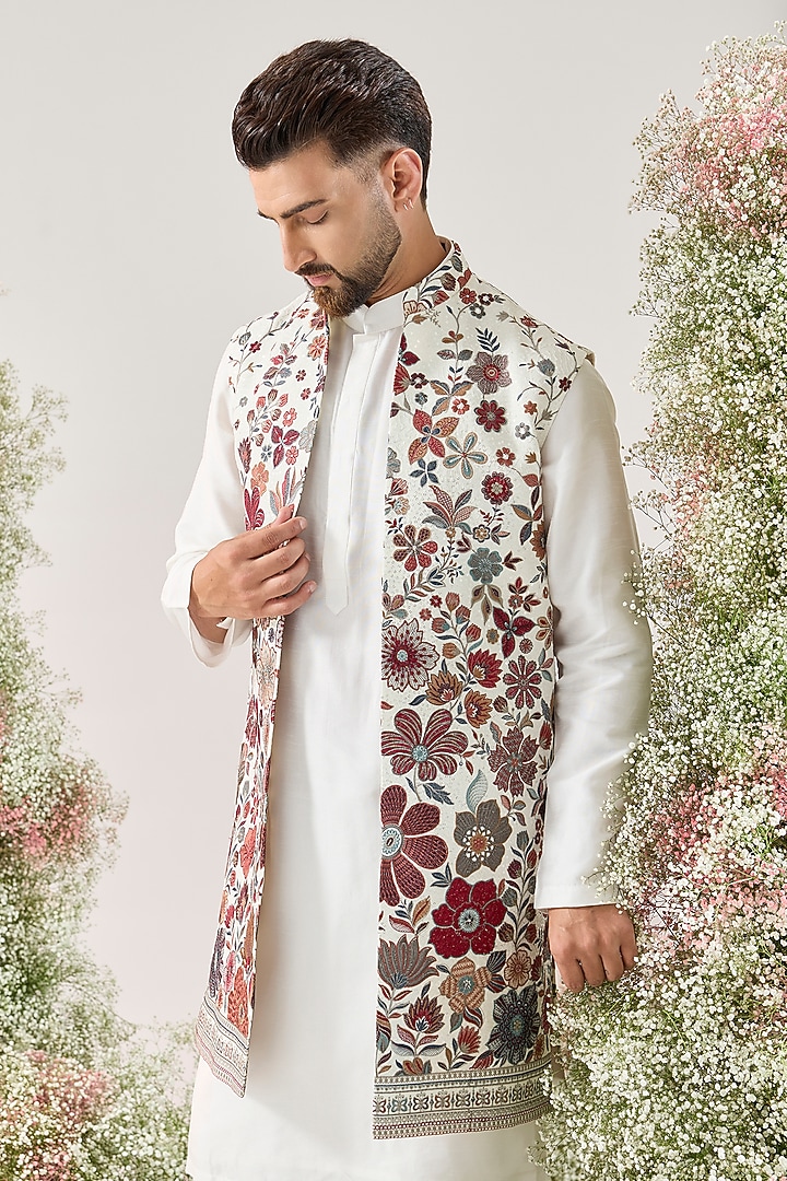 White Georgette Floral Embroidered Long Open Jacket by Kasbah Clothing at Pernia's Pop Up Shop