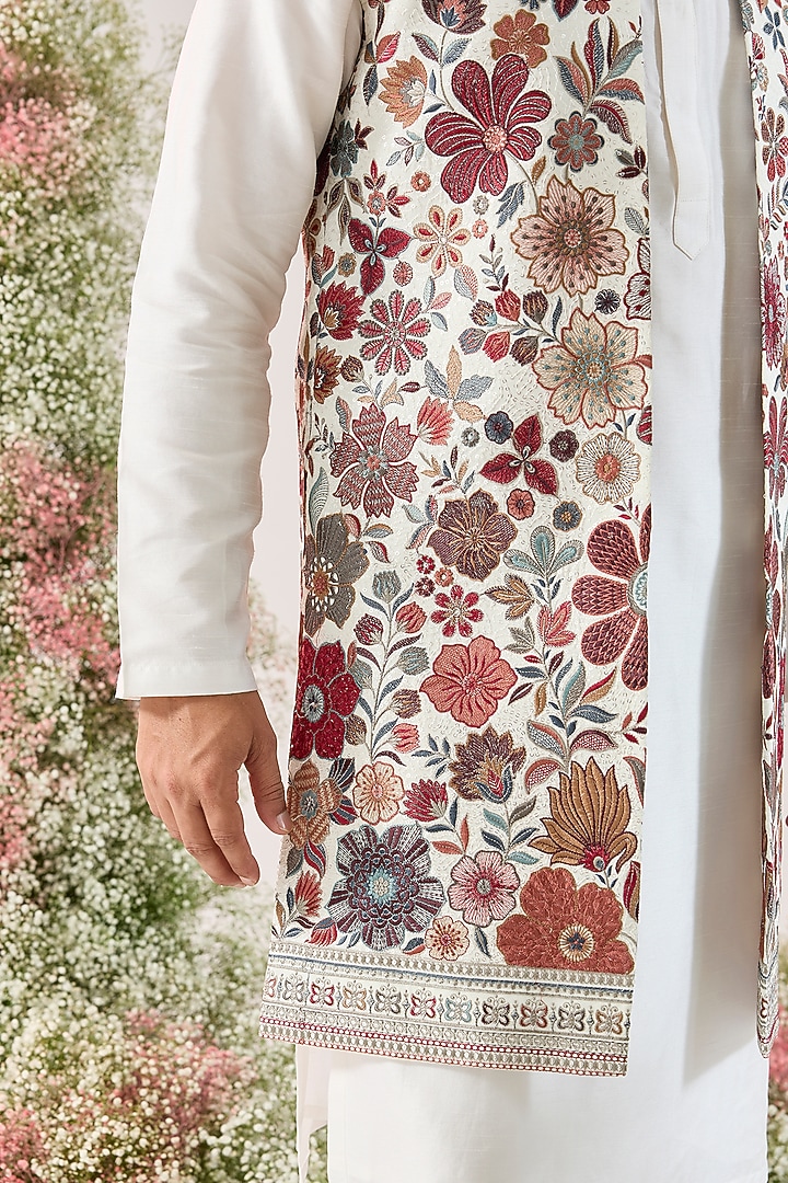White Georgette Floral Embroidered Long Open Jacket by Kasbah Clothing at Pernia's Pop Up Shop