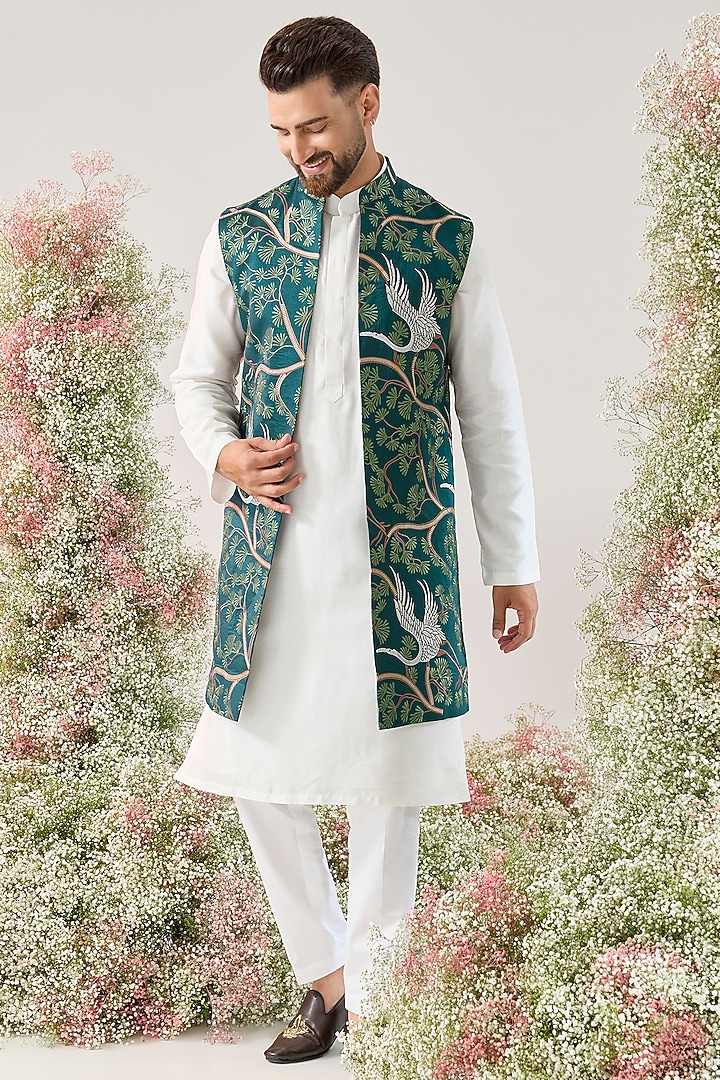 Teal Silk Long Open Jacket by Kasbah Clothing at Pernia's Pop Up Shop