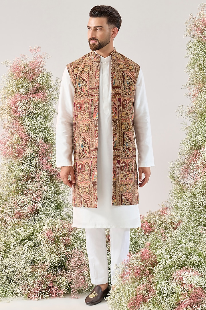 Multi-Colored Georgette Embroidered Long Open Jacket by Kasbah Clothing at Pernia's Pop Up Shop