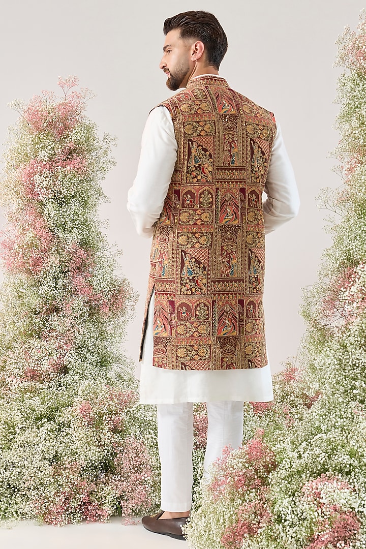 Multi-Colored Georgette Embroidered Long Open Jacket by Kasbah Clothing at Pernia's Pop Up Shop