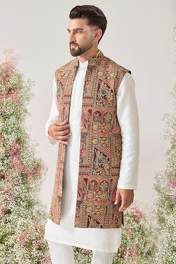 Multi-Colored Georgette Embroidered Long Open Jacket by Kasbah Clothing at Pernia's Pop Up Shop