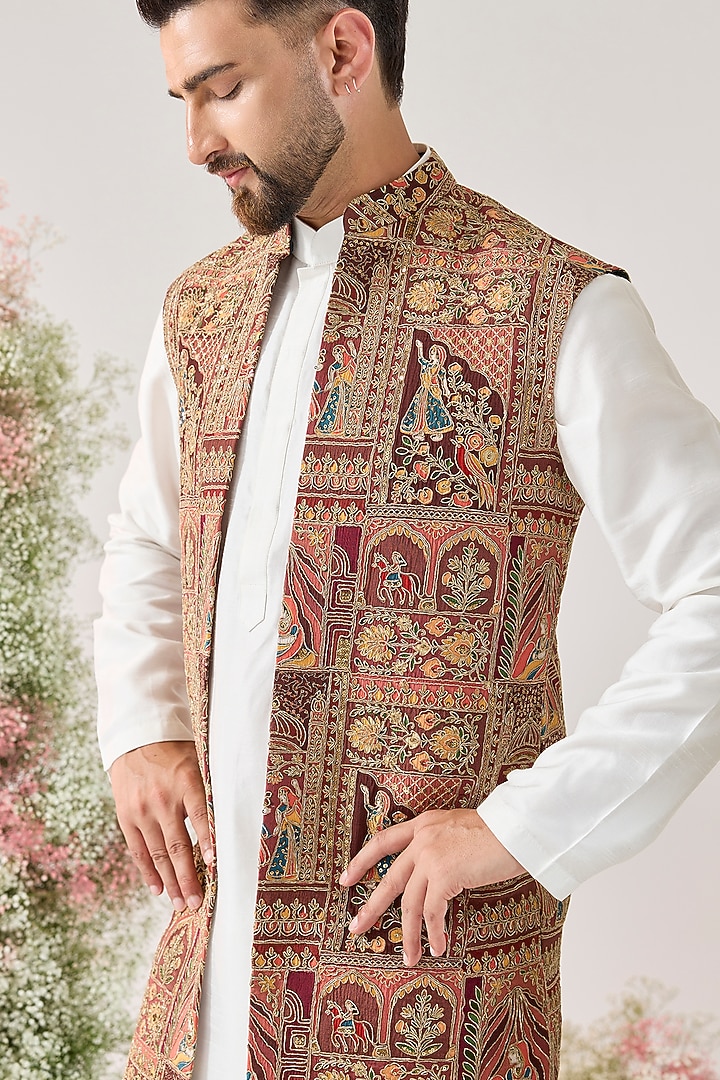 Multi-Colored Georgette Embroidered Long Open Jacket by Kasbah Clothing at Pernia's Pop Up Shop